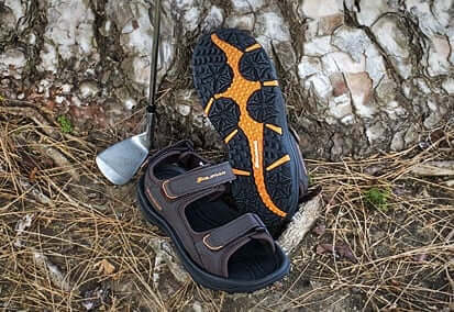 pair of brown Orlimar Spikeless Golf Sandals
