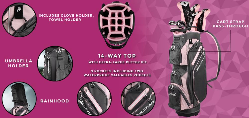 features of the cart bag that come with the Orlimar Allante Premium Pink Package Golf Set