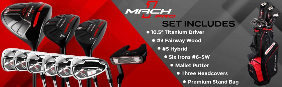 Orlimar Mach 1 banner showing images and bullets points of what is included in the Mach 1 Pro Golf Package Set