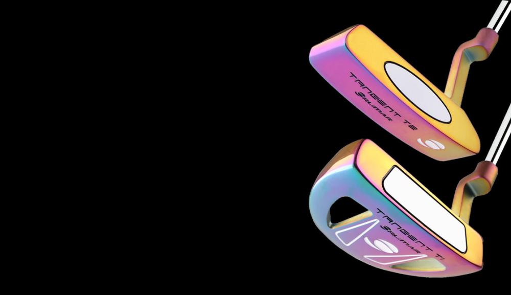 bottom views of the rainbow colored Orlimar Tangent T1 mallet putter and Orlimar Tangent T2 blade putter