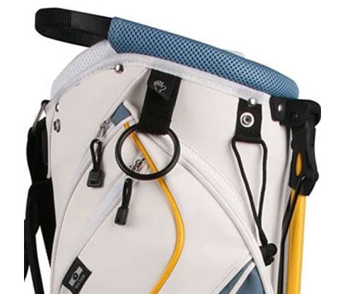 side view of the Powerbilt TPS Dunes Golf Stand Bag featuring top handle, Velcro glove holder and towel ring