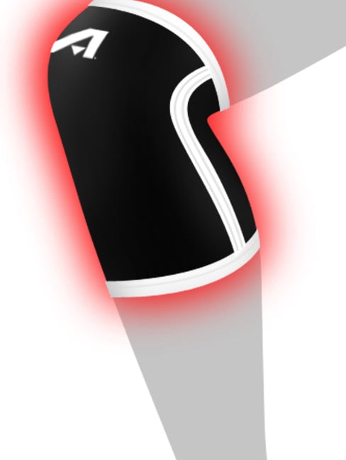 diagram of an Affinity Neoprene Compression knee sleeve with a red glow on the outside indicating therapueutic warm