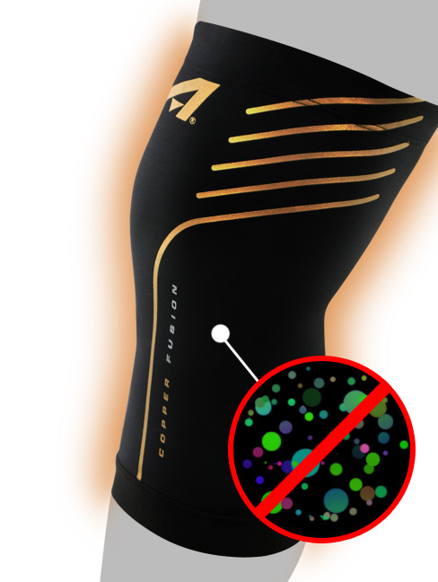 red circle with a line pointing to Affinity Copper Compression knee sleeve indicating no odor