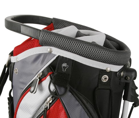 side view of the Powerbilt TPS Dunes Golf Stand Bag featuring top handle, Velcro glove holder and towel ring