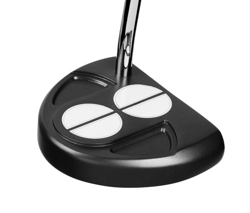 top angled view of the Black/Silver Orlimar F60 putter with the contrasting half-circle alignment feature