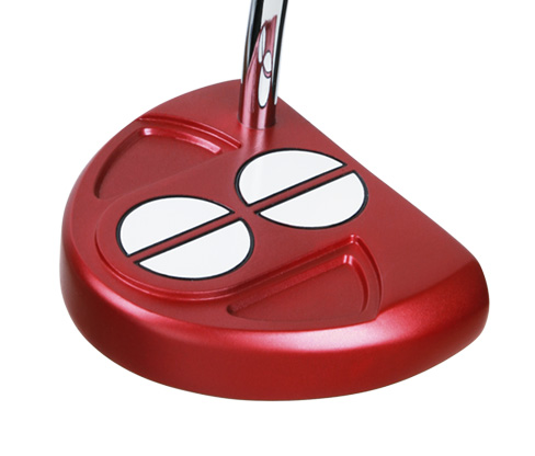 top angled view of the Red/Black Orlimar F60 putter with the contrasting half-circle alignment feature