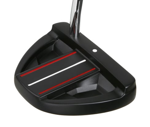 top angled view of the Black/Red Orlimar F70 putter with a single alignment dot and contrasting sight lines