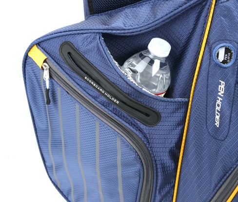 Orlimar SRX 14.9 stand bag's convenient hydration pocket behind the scorecard holder