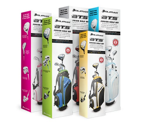 5 different retail boxes of the Orlimar ATS junior golf sets for every age group