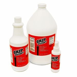 3 different size bottles of Dynacraft Grip Solvent (4-ounce, 32-ounce, one gallon)