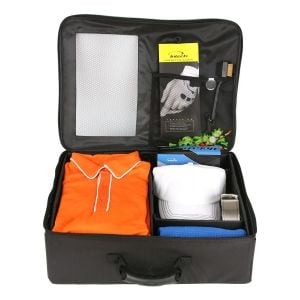 front view of Intech Golf Trunk Organizer (Single Row) with shirt, hat, glove and other accessories inside