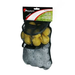 angled view of Orlimar 36 Pack Practice Balls (24 with Holes, 12 Foam)