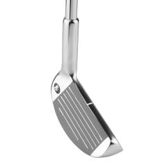 Angled top view of chrome/white Intech Approach Two-Way Chipper with both faces present