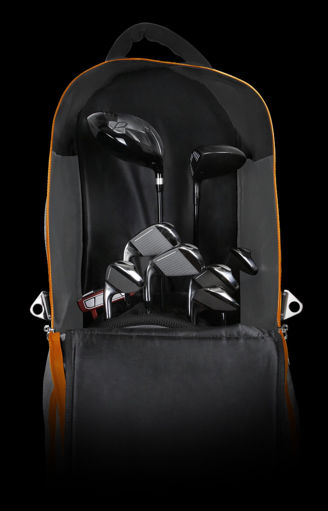 golf bag with golf clubs inside the Powerbilt TPS Deluxe travel cover