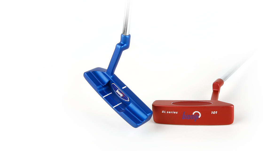 Top angled cavity view of the Bionik 101 Blue Putter next to sole view of Bionik 101 Red putter