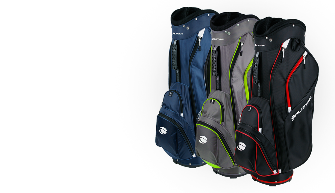 3 different colored Orlimar CRX 14.6 golf cart bags