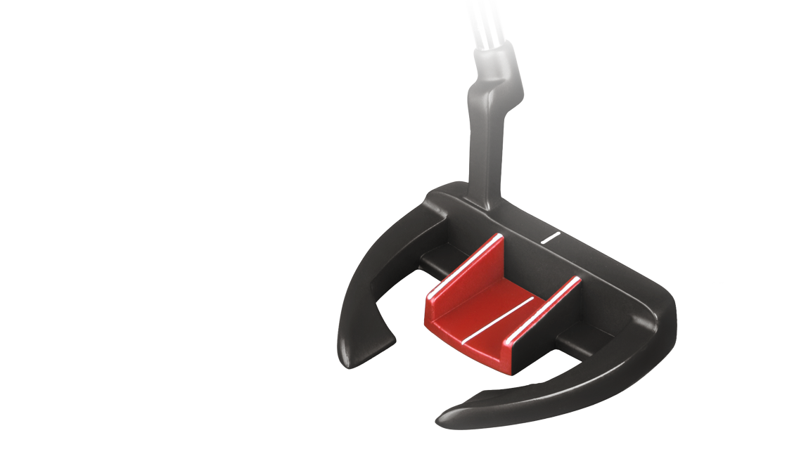 top angled view of the Orlimar F3 Black/Red putter with the contrasting red and white alignment features