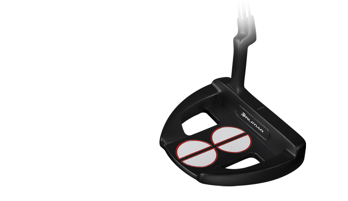 top angled view of the Orlimar F75 Black/Red putter with the two contrasting half-circle alignment feature