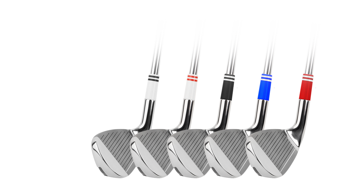 5 different colored ferrules on golf clubs