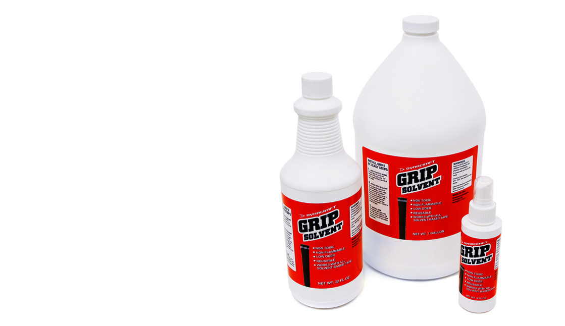 32-ounce, one-gallon and 4-ounce bottles of Dynacraft grip solvent