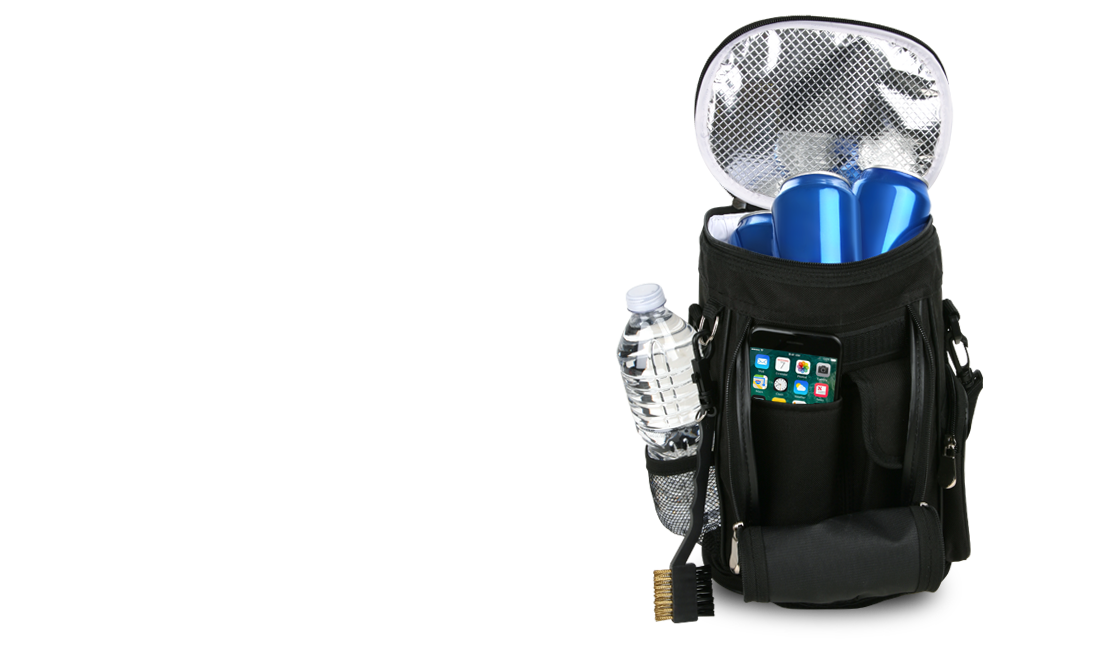 Intech Bag Cooler with beverages inside cooler compartment, water bottle and cell phone