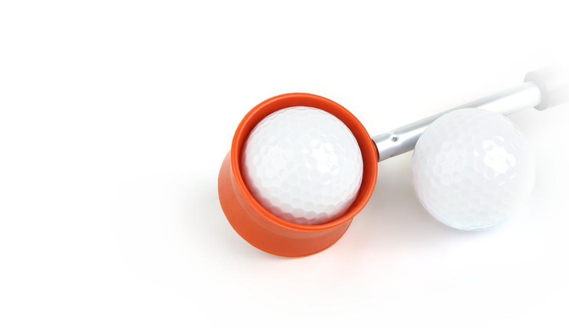 Orlimar Fluorescent Head Golf Ball Retriever holding a golf ball with golf ball next to it