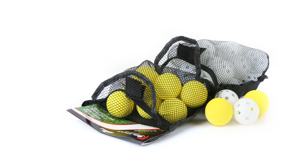 yellow foam and white plastic Orlimar Practice Balls in mesh bag