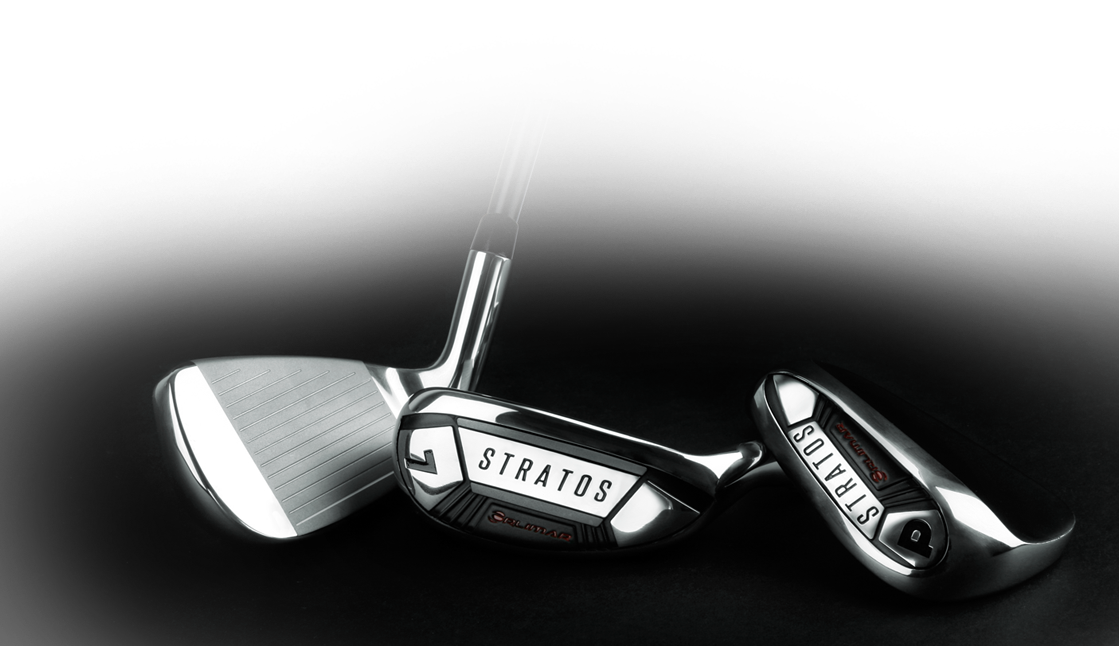 3 Orlimar Stratos irons, face view of one and sole view of a #7 and PW