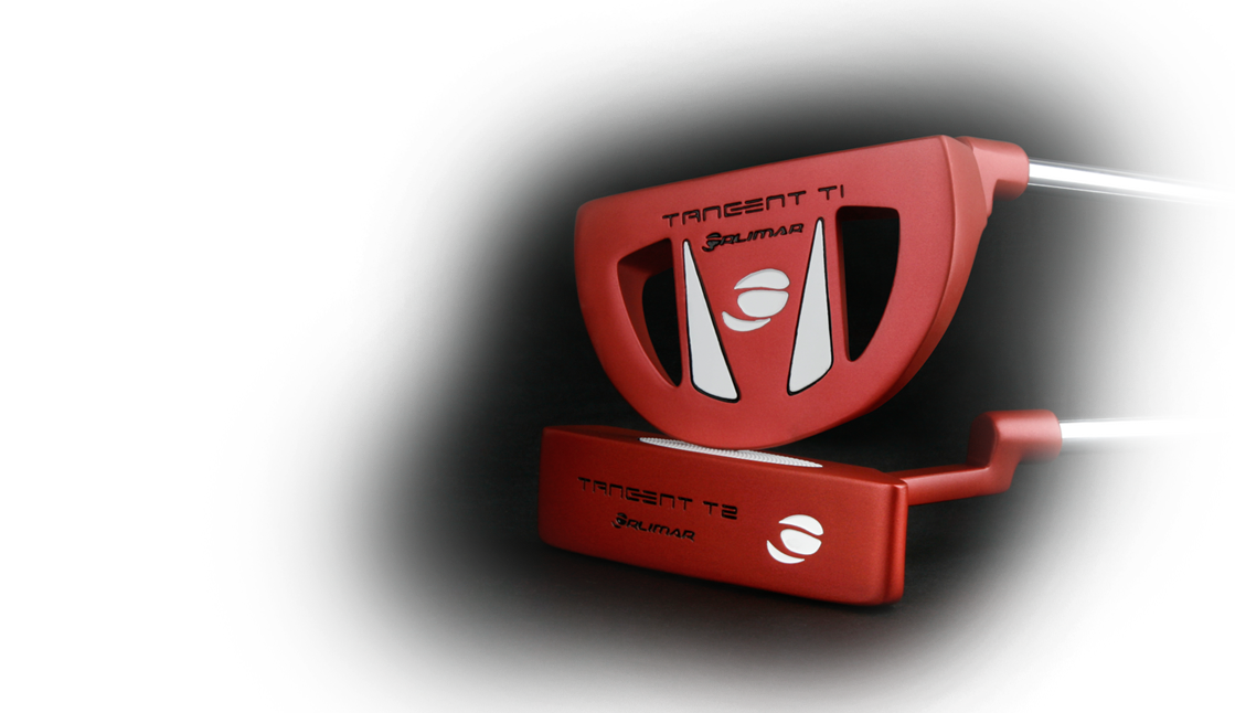 bottom view of the red Orlimar Tangent T1 mallet putter and Orlimar Tangent T2 blade putter