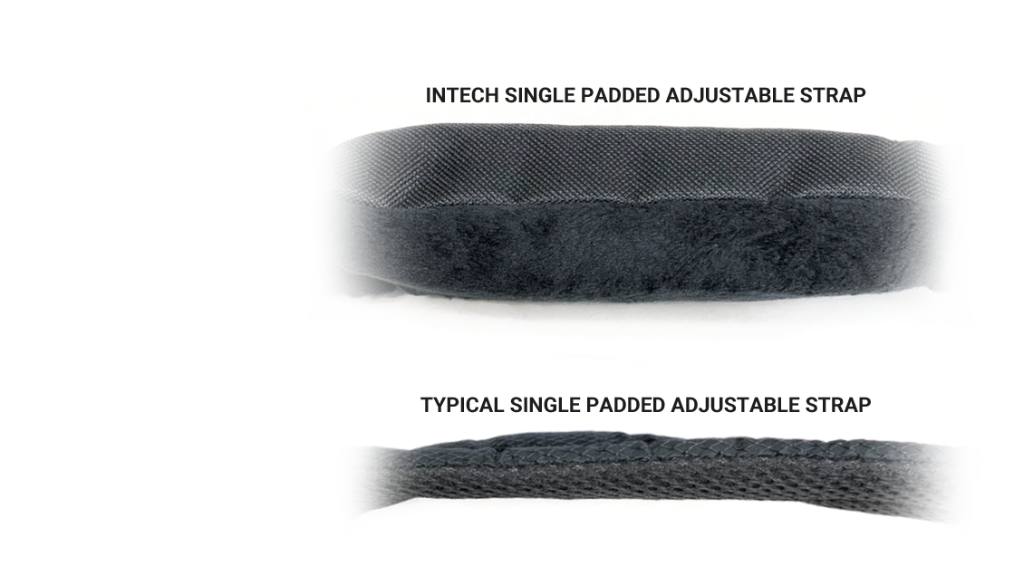 side views of the thickness of an Intech Single Padded Adjustable Strap (top) versus a typical replacement strap at half the thickness