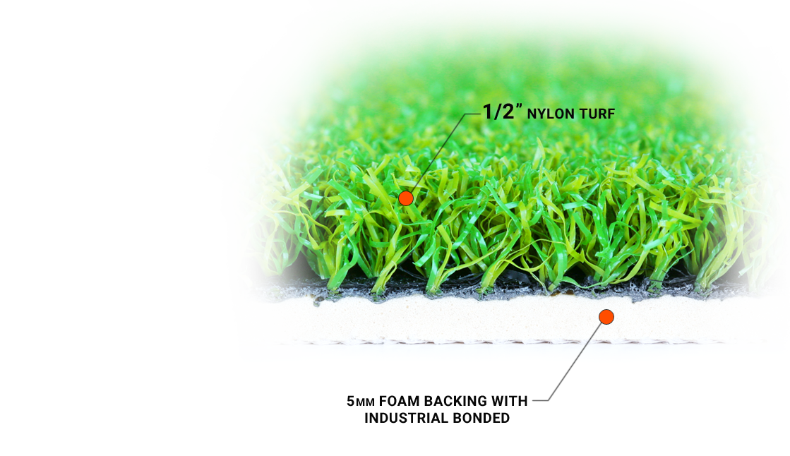 side view of the Orlimar Golf Mat for OptiShot Simulator's 1/2" tall nylon turf and 5mm foam backing