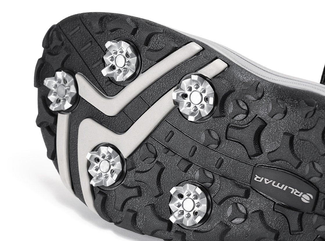 up-close view of the spikes on the bottom of the Orlimar Men's Golf Sandals