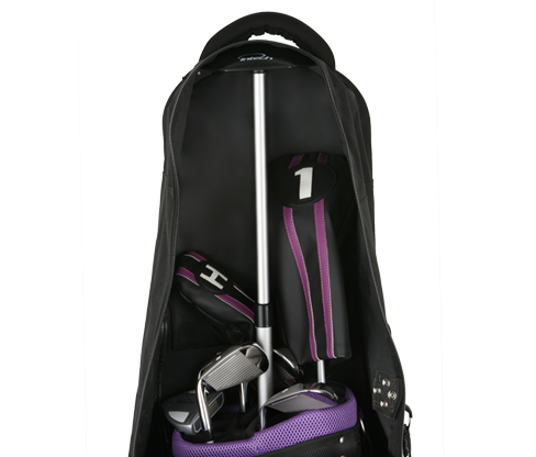 Intech Crossbar Golf Travel Bag Support Rod inside an unzipped golf bag