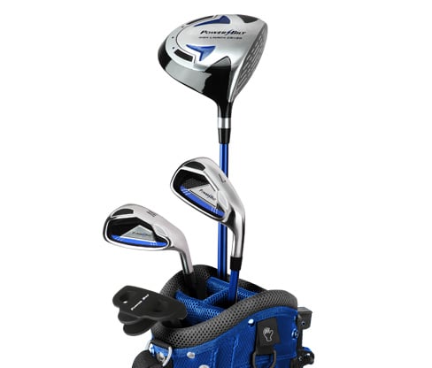The Powerbilt Blue series junior set consists of a driver, 7-iron, wedge, putter and stand bag