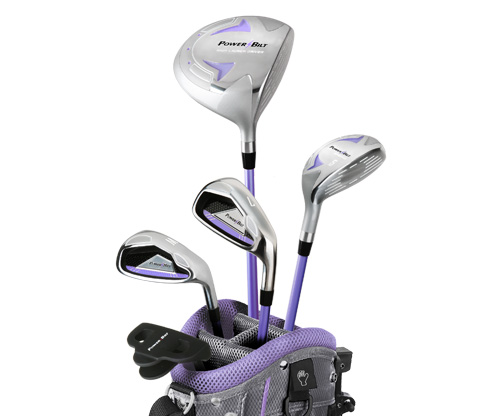 The Powerbilt Lavender series junior set consists of a driver, hybrid, 7-iron, wedge, putter and stand bag