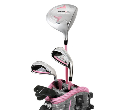 The Powerbilt Pink series junior set consists of a driver, 7-iron, wedge, putter and stand bag