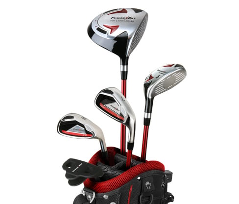 The Powerbilt Red series junior set consists of a driver, hybrid, 7-iron, wedge, putter and stand bag