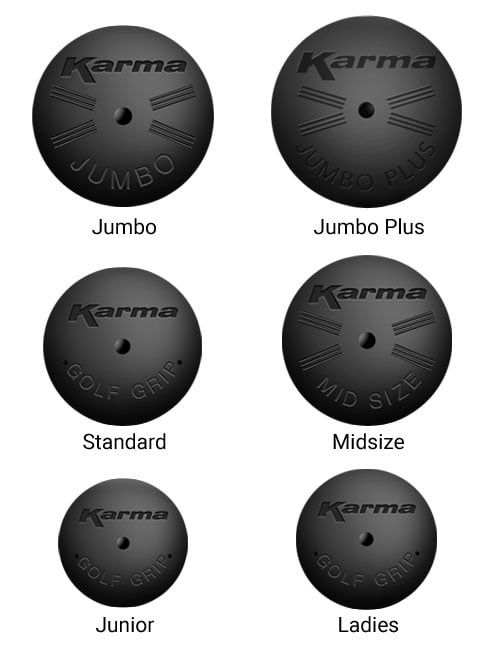 picture showing end caps of 6 different sized Karma Velour grips