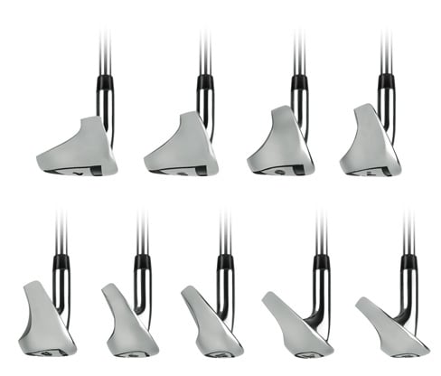 progressive hybrid iron design with the toe view of an entire set of Orlimar Stratos clubheads