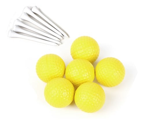 6 yellow foam golf balls and 6 white wooden golf tees