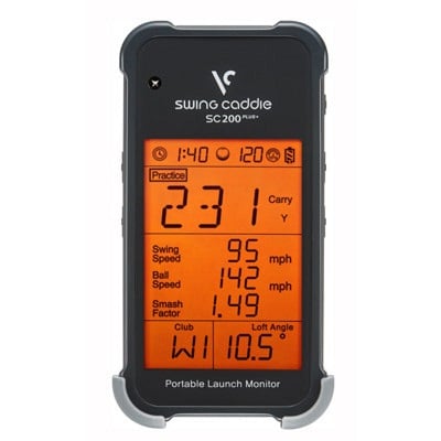 display of a portable launch monitor with swing speed, ball speeds and distance