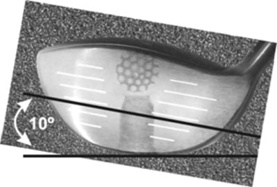 extremely upright driver at impact with the club face showing impact markings of the ball and rubber tee mark