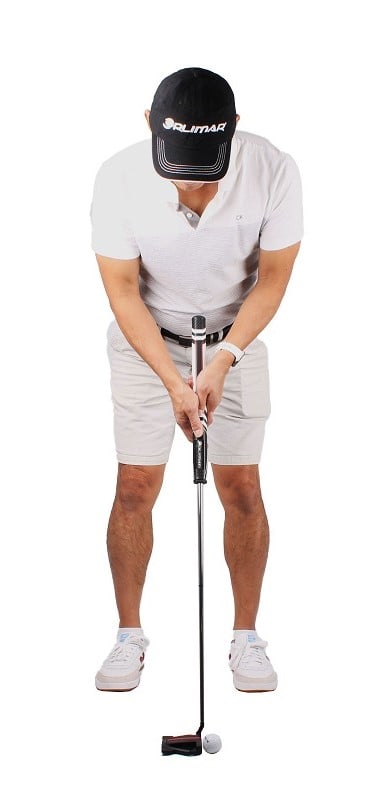 golfer putting with a 38" long Orlimar F4 putter
