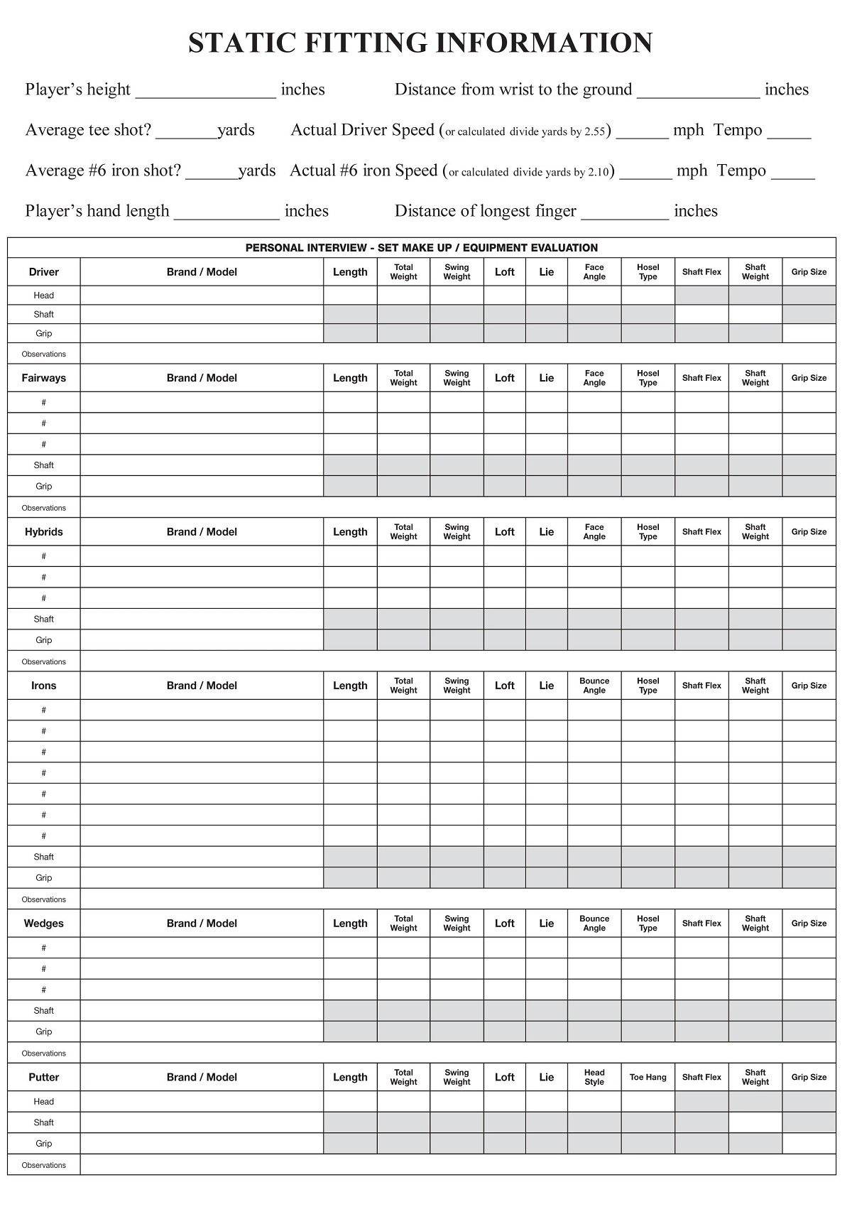 sample golf club fitting form