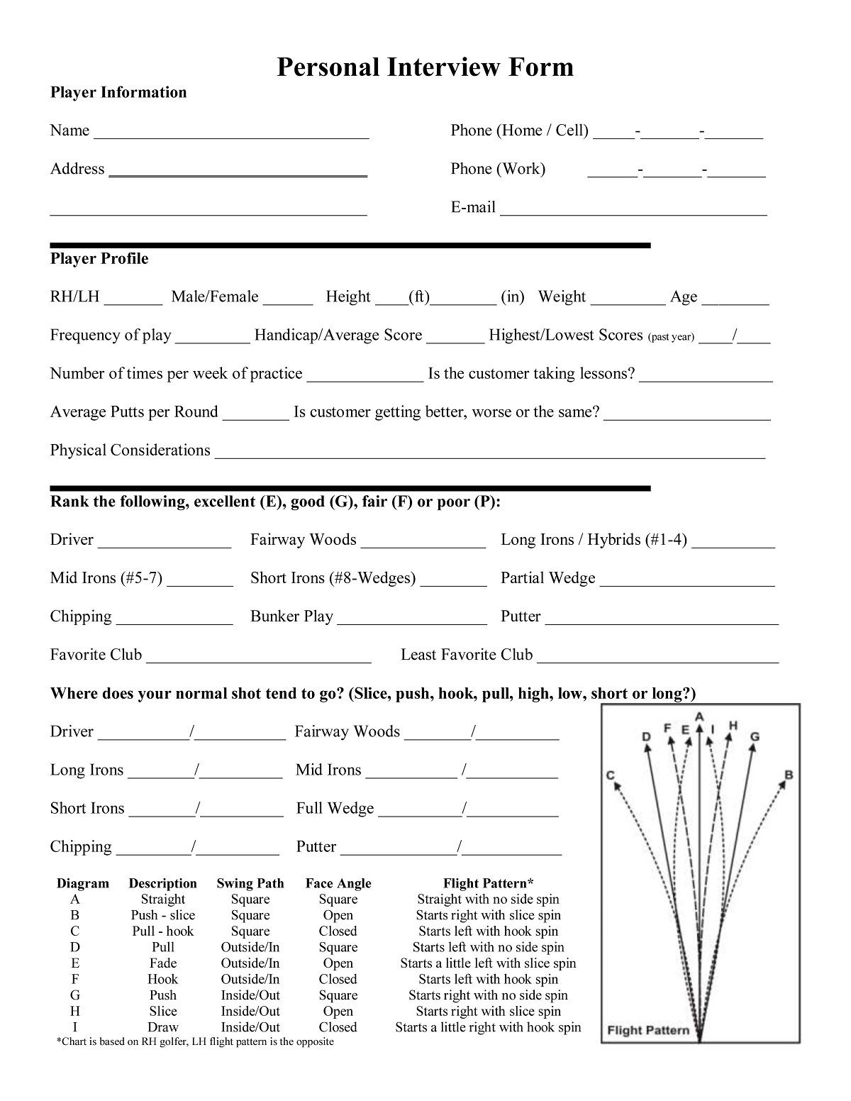 sample golf club fitting personal interview form