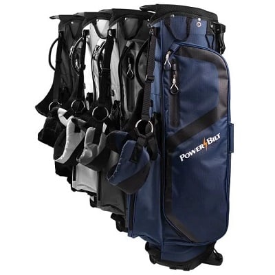4 different colored Powerbilt golf bags