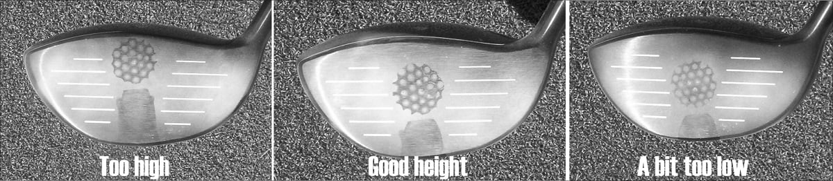 impact position on the face of three drivers, one too high, one good height, and one a bit too low