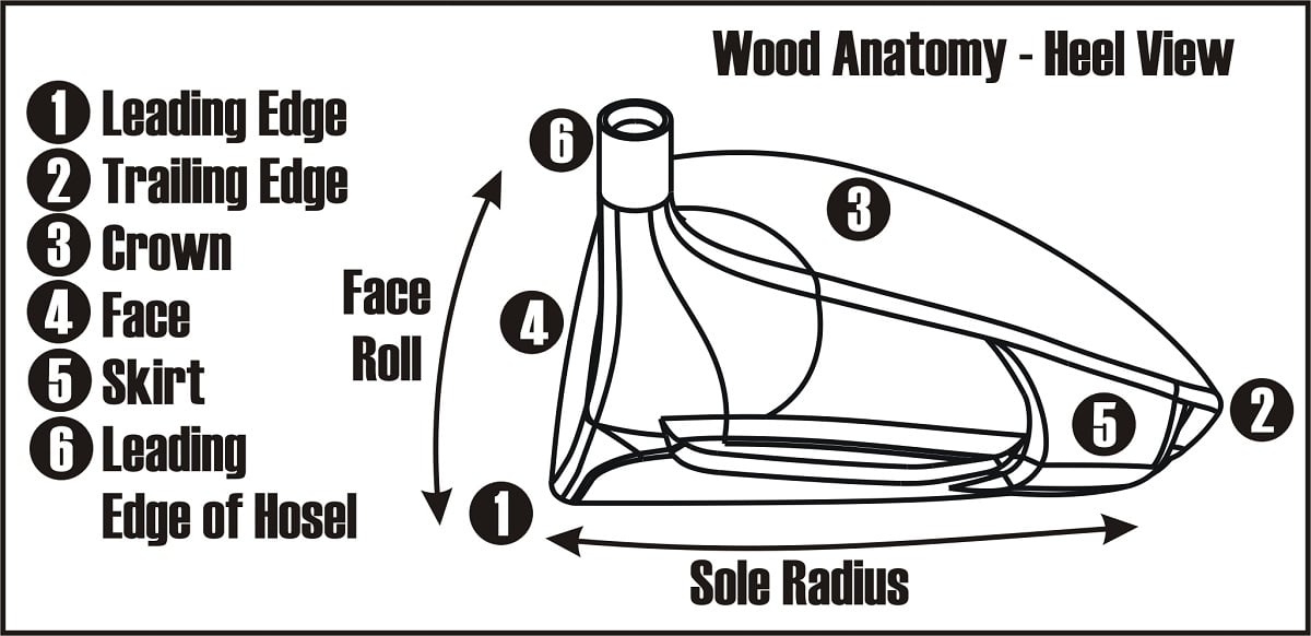 heel view diagram of the anatomy of a wood golf club