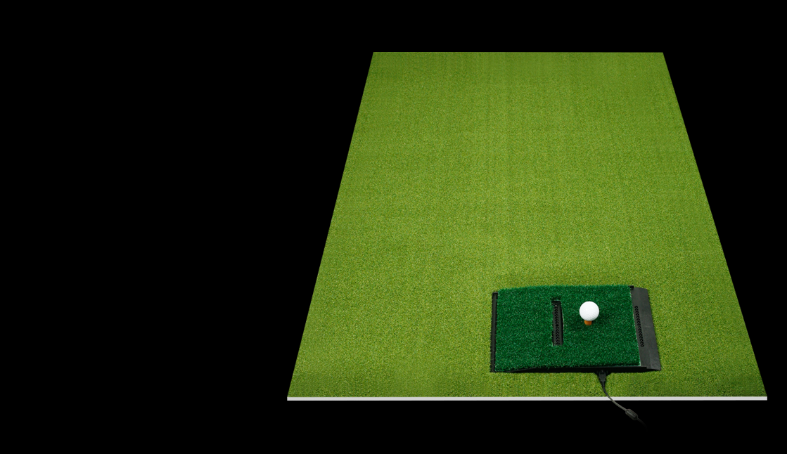 Orlimar 3' x 5' Golf Mat for the OptiShot Simulator with the simular inserted into the pre-cut opening